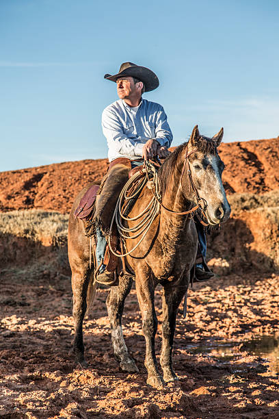 Cowboy in hat and chinks sits atop his ranch horse, looking into the setting sunlight, at the edge of a nearly dry watering hole