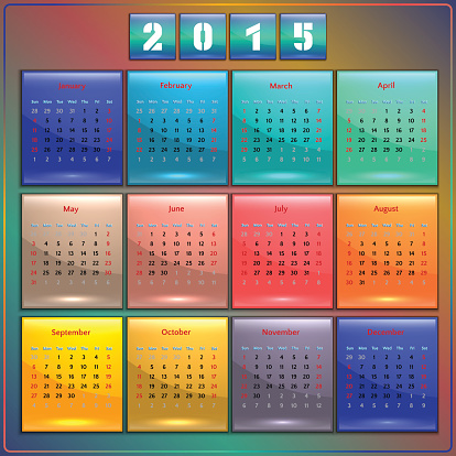 Calendar 2015 vector Sunday first american week 12 months rainbow on dark