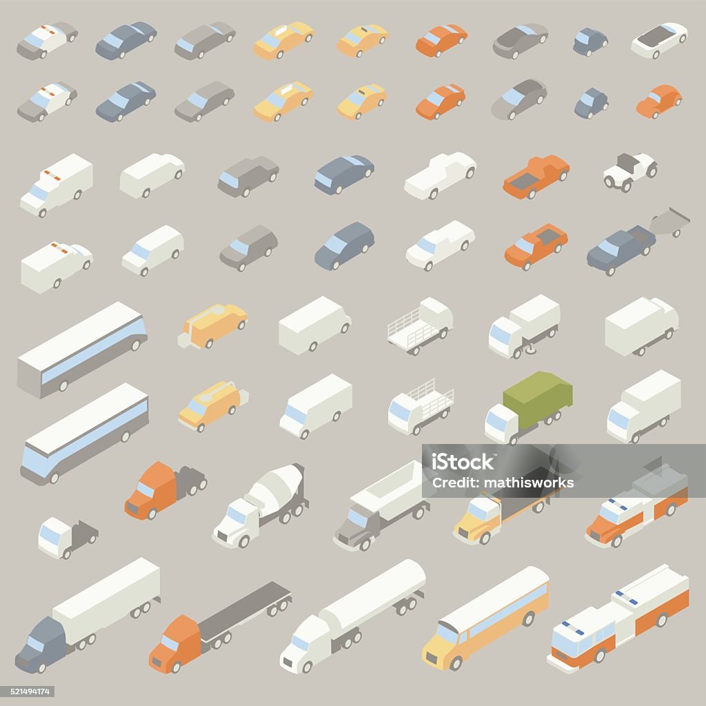 Vehicle Icons Isometric 55 road vehicle icons include: police car, sedan, station wagon, taxi, hybrid, electric vehicle, sports car, compact or micro car, convertible, classic car, ambulance, van, sport utility vehicle, minivan, utility truck, pickup truck, 4x4 off road vehicle, truck with trailer, city bus or charter bus, utility van with cherry picker, box truck, flatbed, street sweeper, garbage truck, truck cab, cement truck, dump truck, flatbed tow truck, fire engine, 18 wheeler, tanker truck, and school bus. Illustrations presented in isometric view. Isometric Projection stock vector