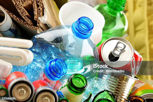 Recyclable Garbage Consisting Of Glass Plastic Metal And Paper Stock Photo - Download Image Now