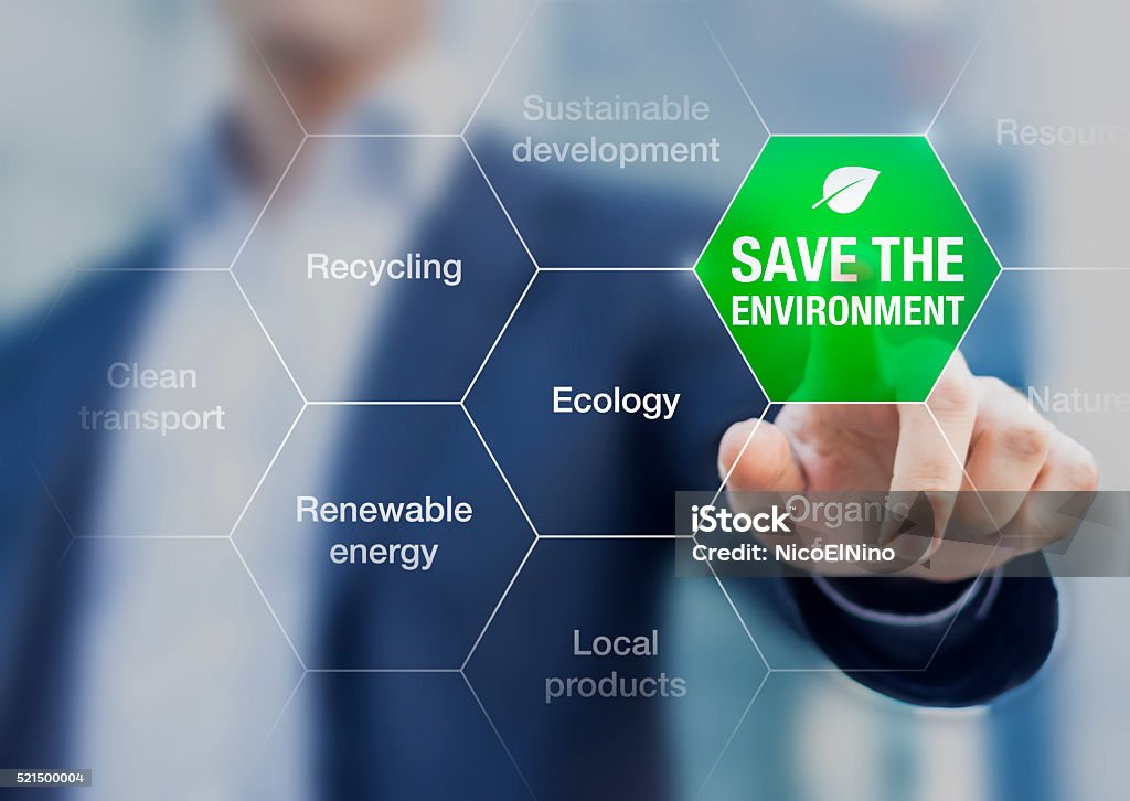 Save the environment icon, climate change conference Save the environment icon touched by a businessman, climate change conference Impact Stock Photo