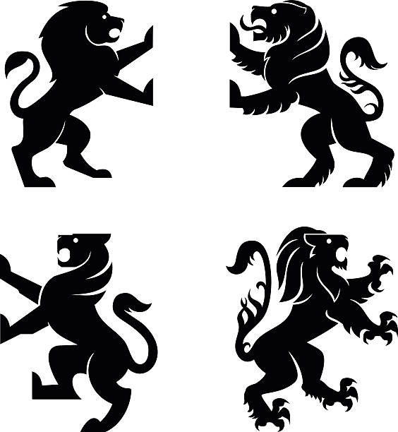 Lions Lions, set of 4 heraldry lions black family crest stock illustrations