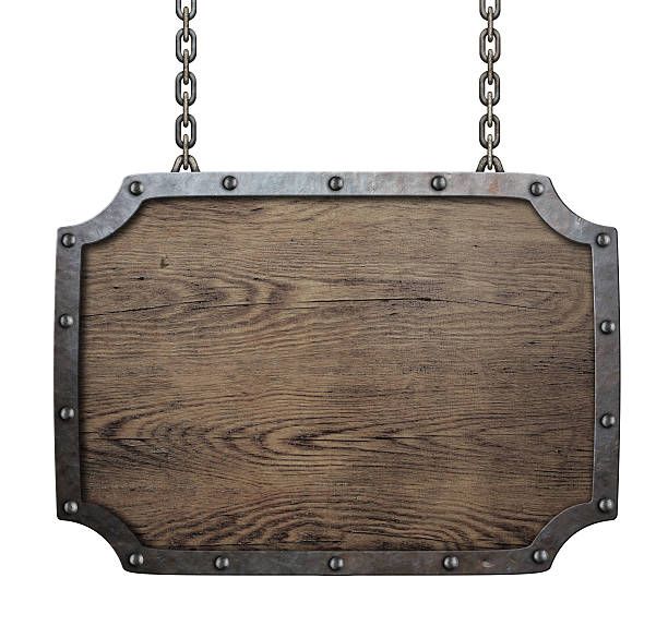 istock wood medieval sign hanging on chains isolated 521500400