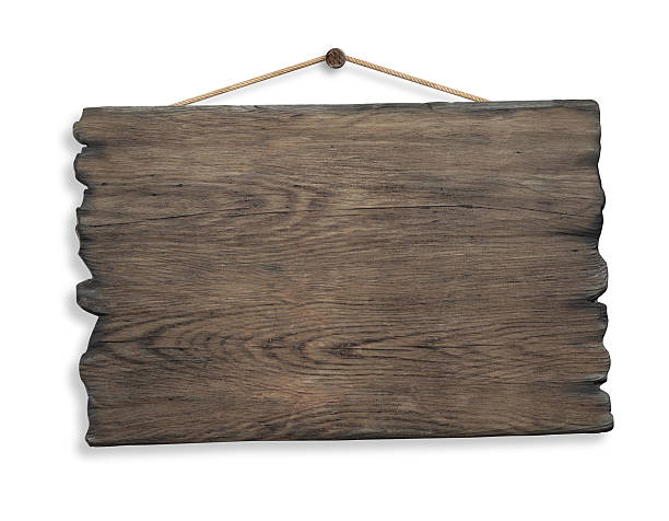 wood sign hanging on rope and nail isolated wood sign hanging on rope and nail isolated on white background hanging signboard stock pictures, royalty-free photos & images