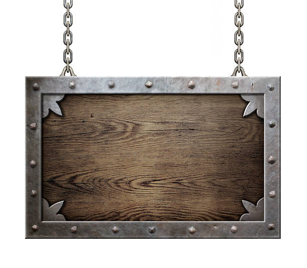 istock wood medieval sign with metal frame isolated 521501834