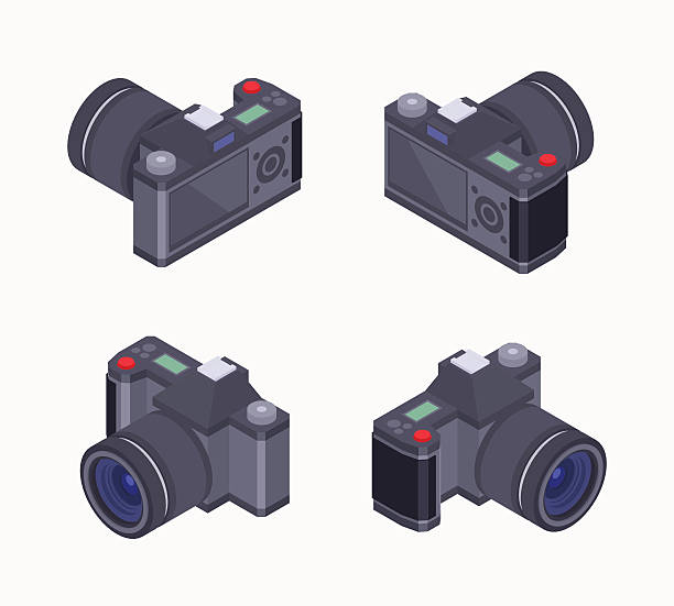 Isometric digital photo camera Set of the isometric digital photo cameras. The objects are isolated against the white background and shown from different sides slr camera stock illustrations