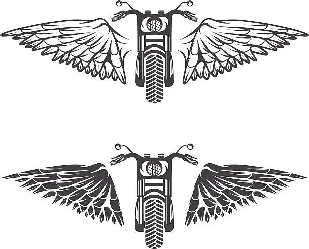 Vector illustration of biker theme labels set  with bike and wings