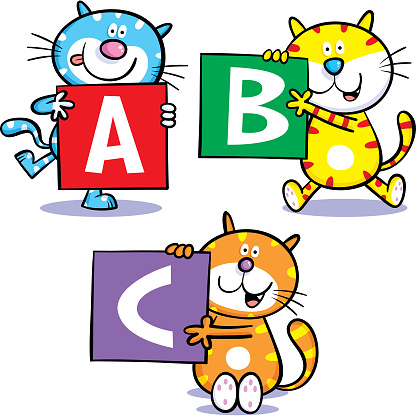 Three cartoon cats holding the letters A B and C