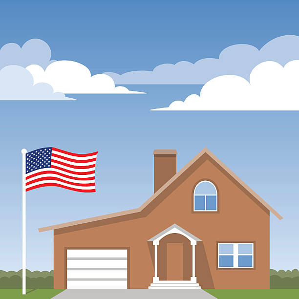 House and american flag vector art illustration