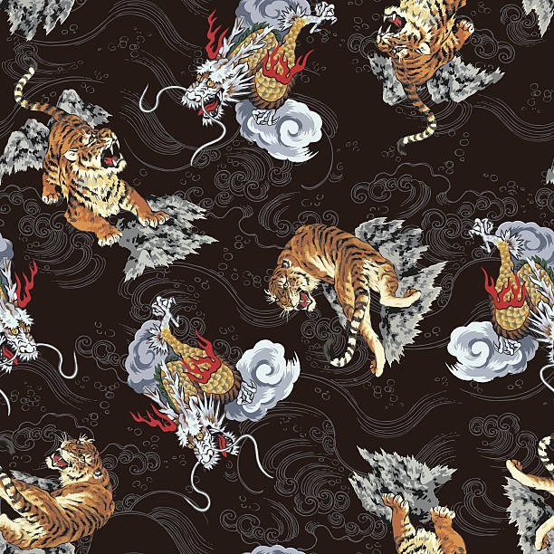 tiger and dragon pattern I drew a dragon and a tiger in Japanese-style technique bengal tiger pattern stock illustrations