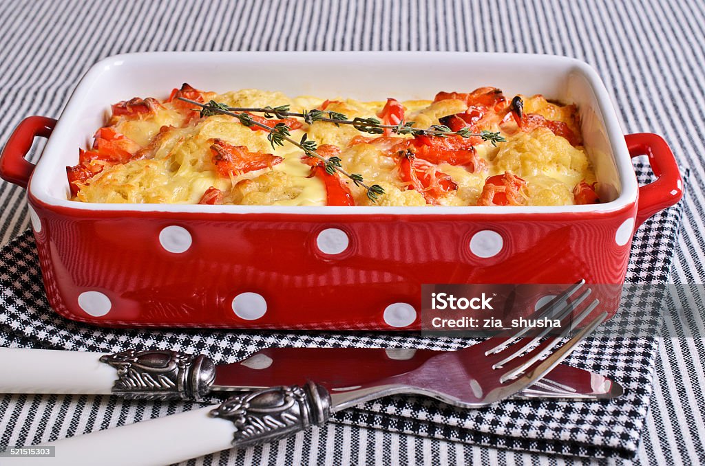 saucepan Vegetables with cheese crust in a ceramic baking dish Appetizer Stock Photo