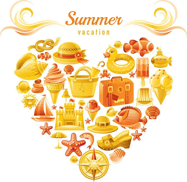 Vector illustration of Yellow and orange heart with sea vacation icons