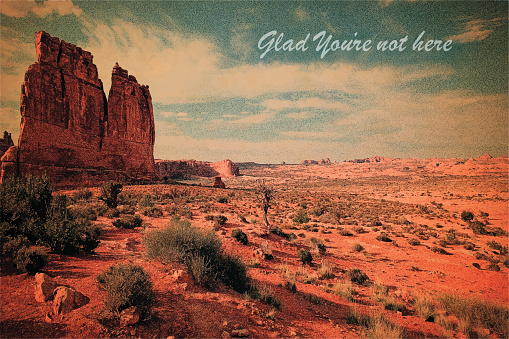 Humorous blank vintage postcard. Arches National Park. American Southwest.