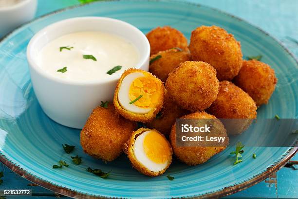 Quail Eggs Deep Fried With White Sauce Stock Photo - Download Image Now - Aioli, Appetizer, Close-up