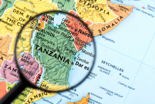 Map of Tanzania Map of Tanzania. Detail from the World Atlas. Selective Focus. burundi east africa stock pictures, royalty-free photos & images