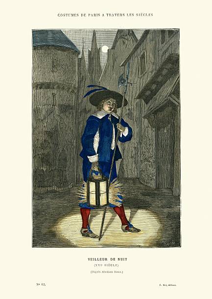 Vintage engraving of a Night watchman (Veilleur de Nuit) of 16th Century, Paris, France