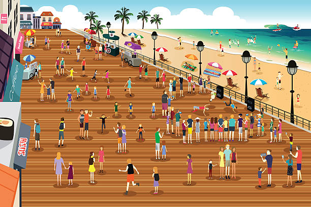 People in a Boardwalk Scene A vector illustration of people in a boardwalk scene boardwalk stock illustrations