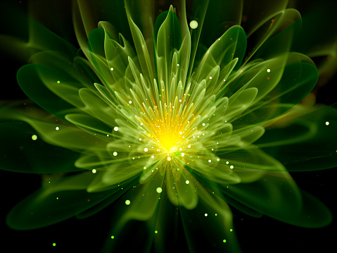 Green glowing fractal flower, computer generated abstract background