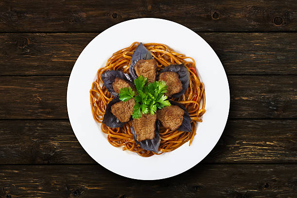 Beef brown noodles restaurant dish