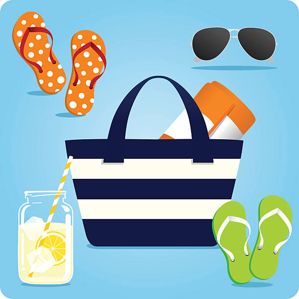 Summer Tote Beach Essentials Striped navy tote beach bag with summer flip flops, sunglasses, drink and blanket beach bag stock illustrations
