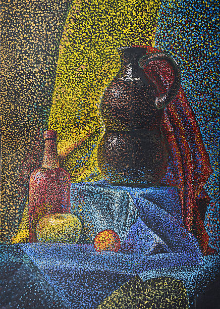 Still life with jug bottle of apple on blue cloth. watercolor painting. This is my art product.