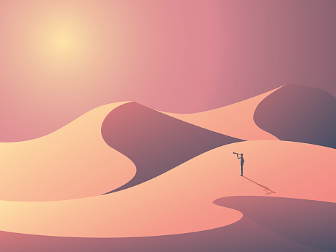 Explorer in sand dunes on a desert. Landscape vector illustration with man outdoors. Business symbol of vision, goals and ambition. Eps10 vector illustration.
