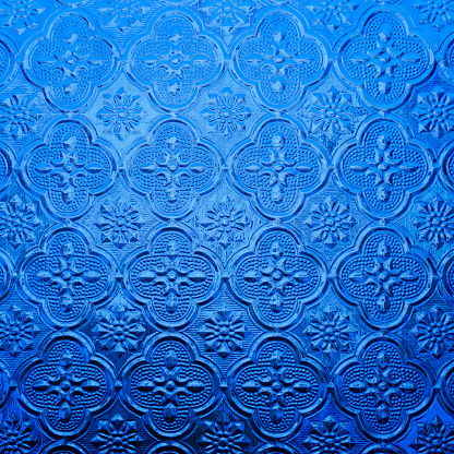 blue color glass with thai pattern style