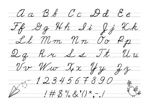 hand drawn großbuchstaben kalligrafische alphabet und -nummer. - child alphabetical order writing alphabet stock-grafiken, -clipart, -cartoons und -symbole