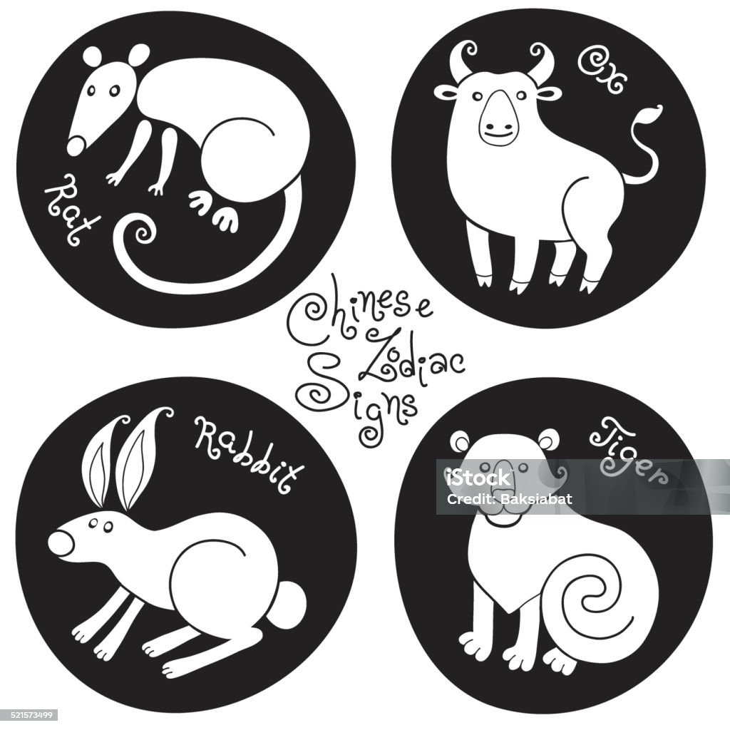 Black and white set signs of the Chinese zodiac. Set signs of the Chinese zodiac Rat, Ox, Rabbit, Tiger. Vector illustration. Abstract stock vector