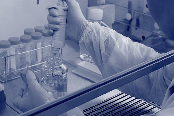 istock laboratory worker on protective gloves, blue tonation 521575601