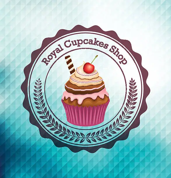 Vector illustration of Pink cupcake with label over polygonal background
