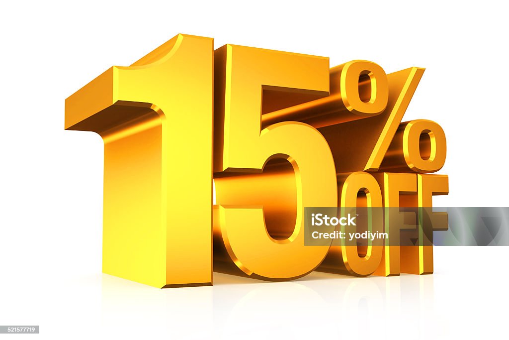 3D render gold text 15 percent off. 3D render gold text 15 percent off on white background with reflection. Off - Single Word Stock Photo