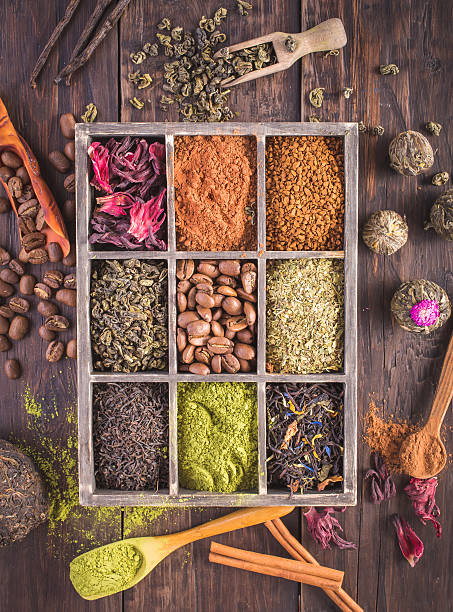 istock Box of dry tea and coffee top view 521603710