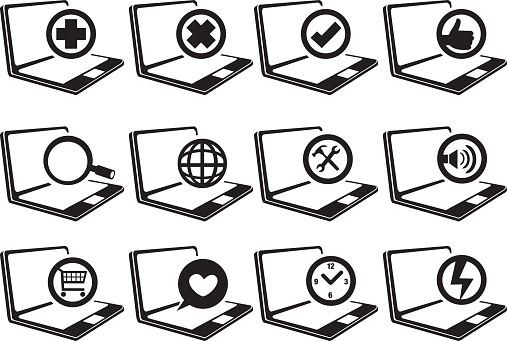 Internet web symbols in circle on laptop computers in tilted angle view. Black and white vector icons isolated on white background.