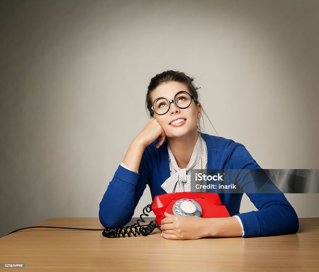 Happy Woman Waiting Phone Call, Thinking Girl Looking Up, Gray Happy Woman Waiting Phone Call, Thinking Girl Looking Up over Gray Background Waiting Stock Photo