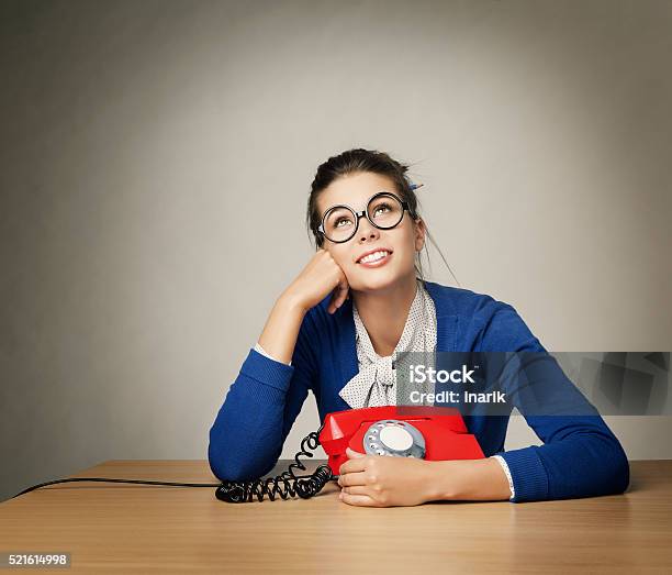 Happy Woman Waiting Phone Call Thinking Girl Looking Up Gray Stock Photo - Download Image Now