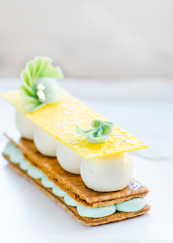 Millefeuille with pear ganache cream and fresh mint