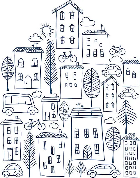 Vector illustration of Town doodles in house shape