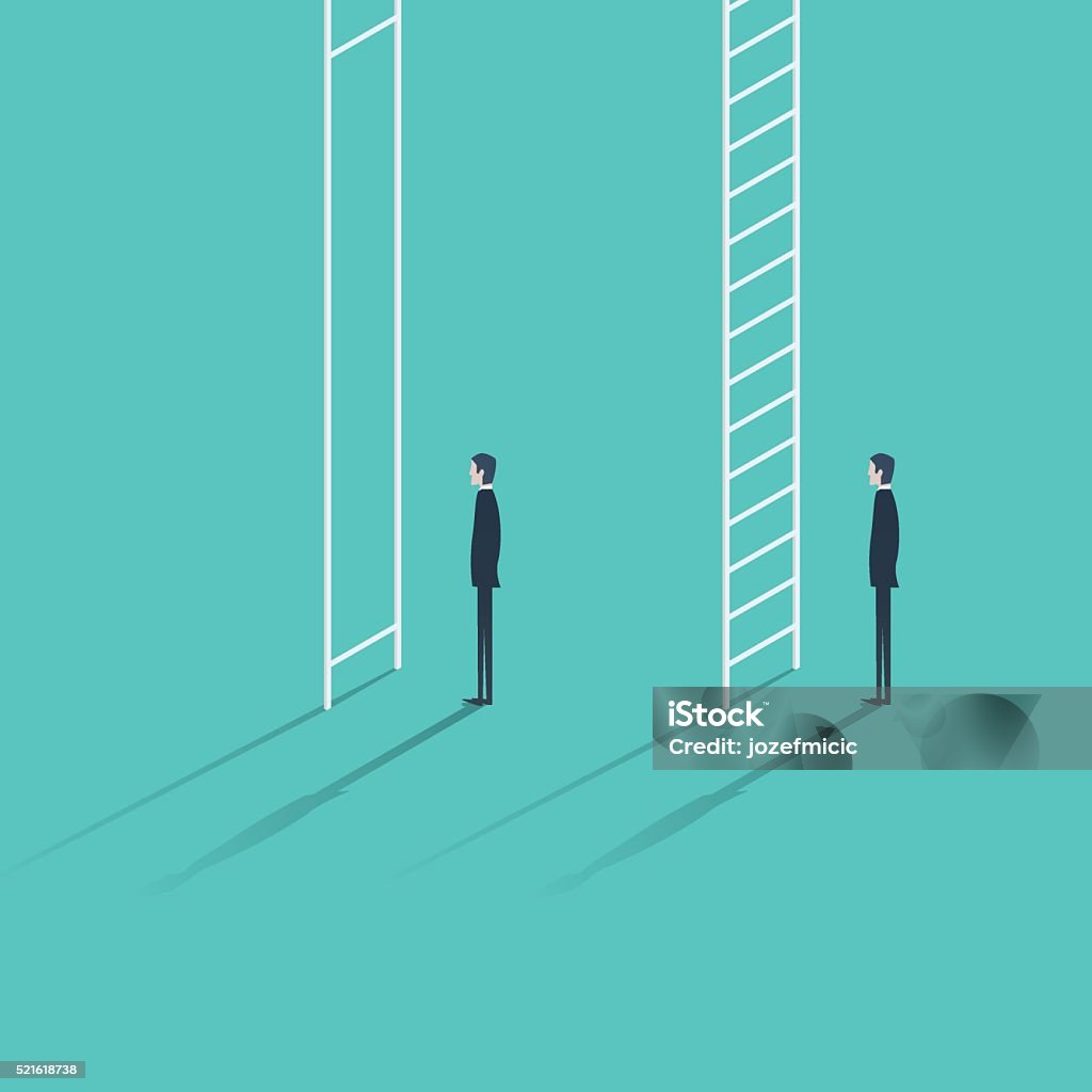 Inequality in career promotion concept. Two businessmen standing and climbing Inequality in career promotion concept. Two businessmen standing and climbing corporate ladders. Business concept of job progress. Imbalance stock vector