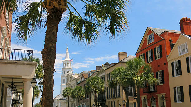 Saint Michaels Steeple, Palm Trees, Charming Charleston South Carolina Street stock photo