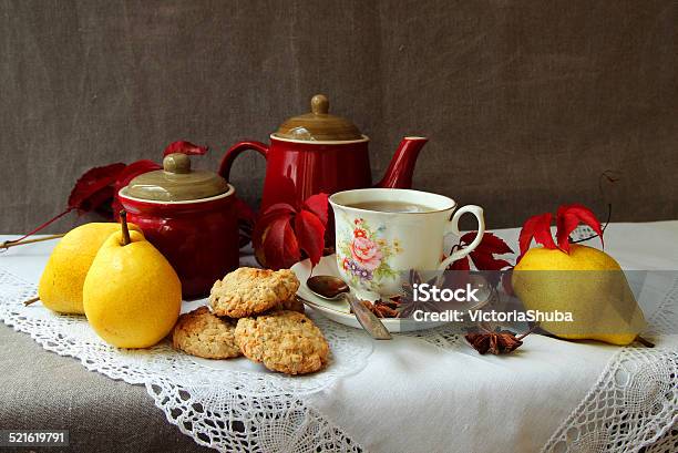 Still Life With Cup Of Tea Cookies And Pears Stock Photo - Download Image Now - Baked, Breakfast, Close-up