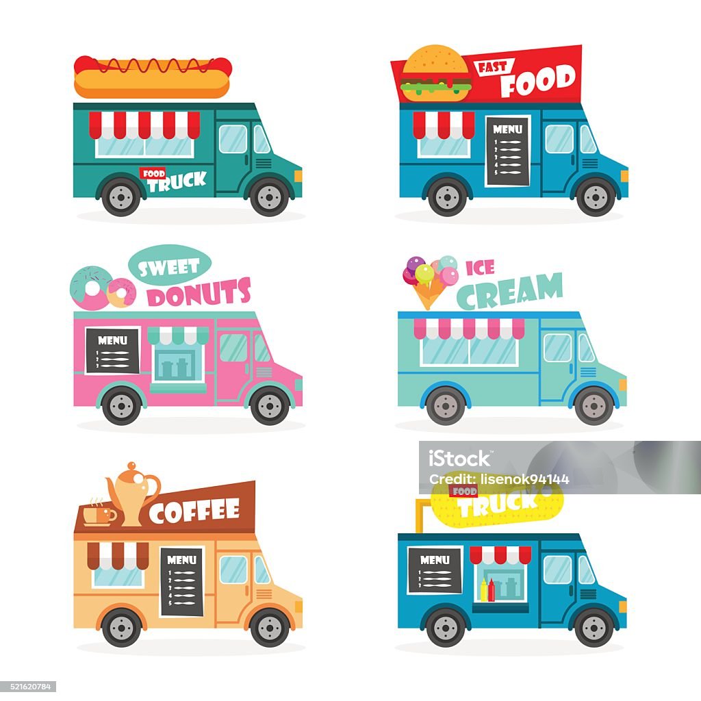 Food truck set Food truck flat vector set. Fast street food van delivery Ice Cream Truck stock vector