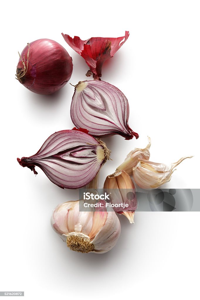 Vegetables: Spanish Onion and Garlic Isolated on White Background Onion Stock Photo