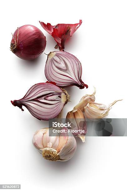 Vegetables Spanish Onion And Garlic Isolated On White Background Stock Photo - Download Image Now