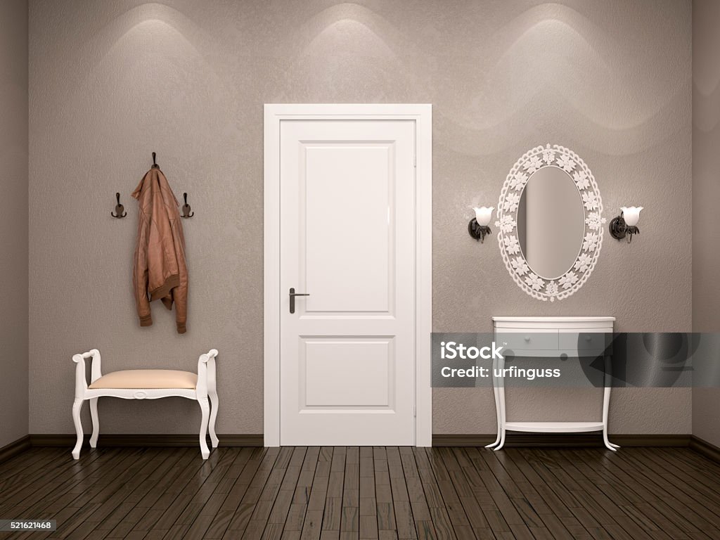 White door on the output or input. 3d illustration of the design of the ambience hallway in brown colors with white furniture. White door on the output or input. Corridor Stock Photo