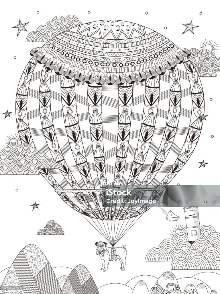 pug adult coloring page fantasy adult coloring page - pug floats on the starry night by hot air balloon Adult stock vector