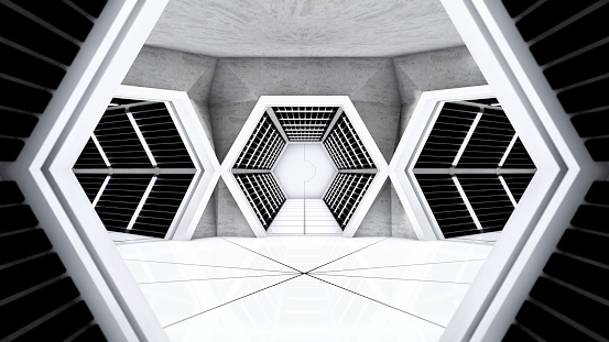 Futuristic concrete modern interrior corridors 3D Render