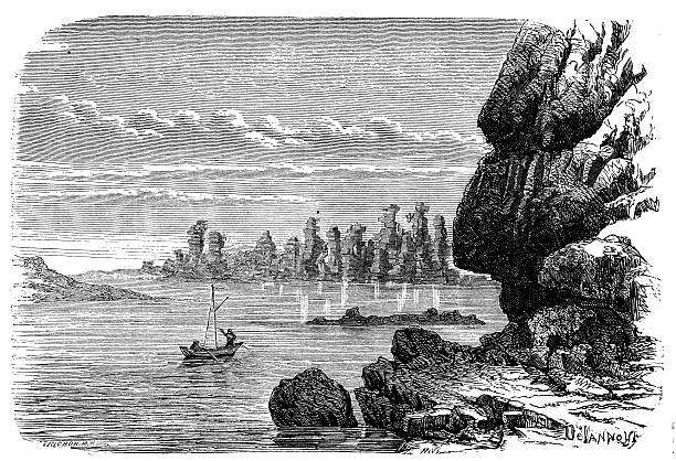 앤틱형 일러스트레이션 jointed columnar volcanics stones - illustration and painting stone cliff basalt stock illustrations