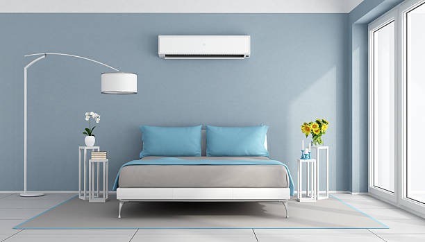 エアコン付きのモダンなベッドルーム - apartment architecture bed bedding ストックフォトと画像