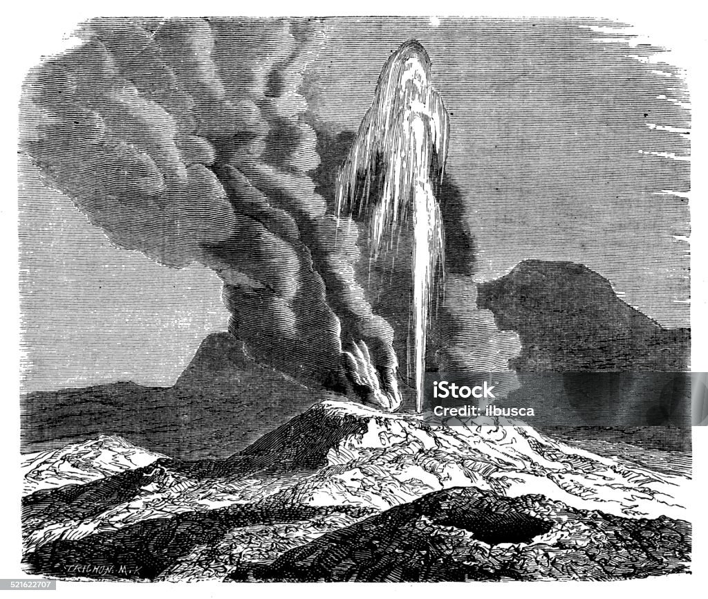 Antique illustration of Iceland geyser 19th Century Style stock illustration